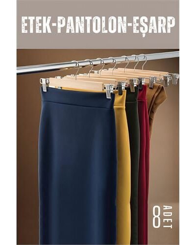 Etek Pantolon Eşarp Kıskaçlı Askı 8 Adet Ahşap